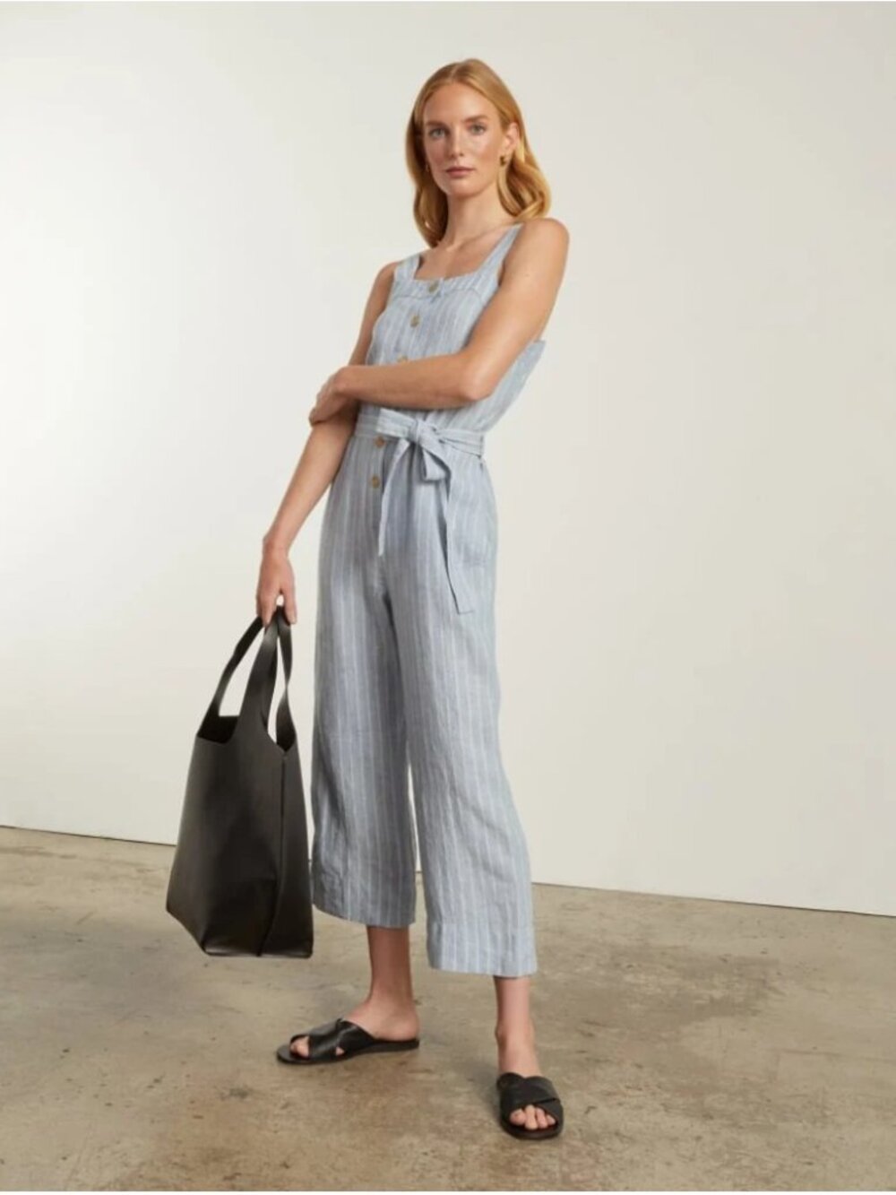 Everlane Womens Blue White Railroad Striped 100% Linen Button Jumpsuit sz 4